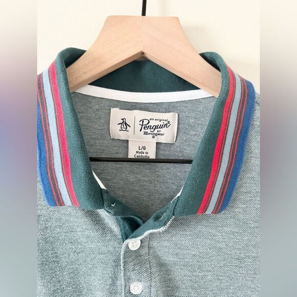 Original Penguin Striped Collar Short Sleeve Polo in Heathered Green - Size L - Picture 4 of 5